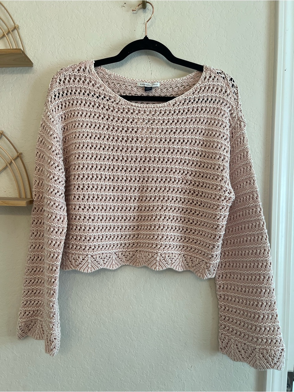 NWT American Eagle Pink Crochet Open Knit Sweater Size Small Scalloped Hem